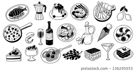 Italian cuisine doodle. Pasta, pizza and seafood, fish and shrimp, spaghetti, risotto and lasagna, dessert and tiramisu, panna cotta for Mediterranean restaurant menus. Hand drawn vector isolated set Italian cuisine doodle. Pasta, pizza and seafood, fish and shrimp, spaghetti, risotto and lasagna, dessert and tiramisu, panna cotta for Mediterranean restaurant menus. Hand drawn vector isolated set 136295053