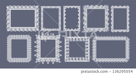 Lace border frame in rectangular and square shape. Guipure rectangles and floral filigree for wedding doily, bridal elegant invitations. Vintage white lace frames vector isolated laser cut set Lace border frame in rectangular and square shape. Guipure rectangles and floral filigree for wedding doily, bridal elegant invitations. Vintage white lace frames vector isolated laser cut set 136295054