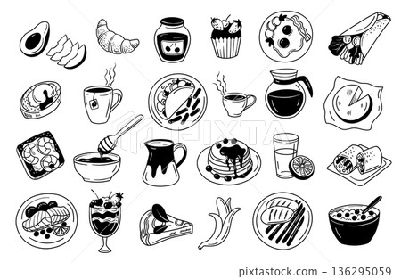 Breakfast food doodle. Croissant, muffin and pancake, coffee cup and honey, juice and avocado, banana for cafe menu, bakery and restaurant poster. Outline sketch for food packaging vector set 136295059
