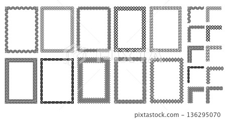 Celtic knot frames, border set with braided corners and interlaced ornaments for heritage certificates, medieval invitations, and Norse packaging. Geometric Nordic patterns isolated vector set Celtic knot frames, border set with braided corners and interlaced ornaments for heritage certificates, medieval invitations, and Norse packaging. Geometric Nordic patterns isolated vector set 136295070