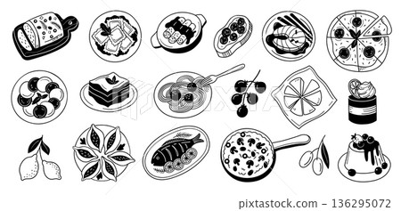 Mediterranean Italian food doodle set. Hand drawn pasta, pizza and seafood, board, ravioli and steak, shrimp and spaghetti, olives for restaurant menu, cafe packaging. Vector sketch isolated set 136295072