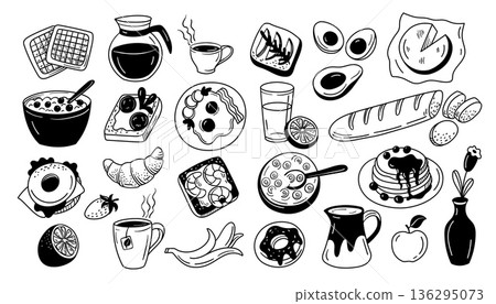 Breakfast food doodle. Croissant, coffee and toast, avocado and bacon, juice and berries, egg and banana, donut and sandwich, bread and cheese, pancake for cafe menu, bakery. Hand drawn vector set 136295073