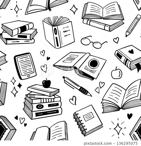 Seamless books doodle pattern. Book stack and reading glasses for library wallpaper, education textile background and literary packaging. Hand drawn vector tile for school banner Seamless books doodle pattern. Book stack and reading glasses for library wallpaper, education textile background and literary packaging. Hand drawn vector tile for school banner 136295075