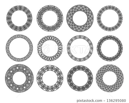 Islamic arabesque circle frame. Arabic rosette borders and Arabian geometric mosaic for ornament round badges, decorative certificate seals and heritage logo, classical circular monogram. Vector set Islamic arabesque circle frame. Arabic rosette borders and Arabian geometric mosaic for ornament round badges, decorative certificate seals and heritage logo, classical circular monogram. Vector set 136295080