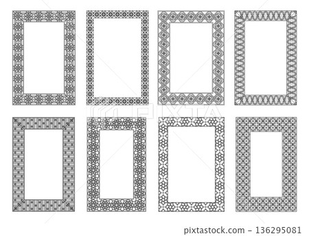 Moroccan arabesque frame border, Arabic mosaic corners and Arabesque rosettes for certificate, Islamic invitation card and Arabian elegant labels. Geometric dividers for Muslim banners 136295081