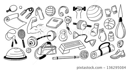 Sports equipment doodle icons. Dumbbells and boxing gloves for gym workout poster, fitness banner and training infographic. Outline kettlebell and smartwatch for exercise. Vector sketch isolated set 136295084