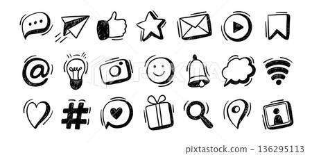 Social media doodle icons. Speech bubble, paper plane and like thumbs up, star rating and email envelope, play button and light bulb, camera, emoji and notification bell, wi-fi vector isolated set Social media doodle icons. Speech bubble, paper plane and like thumbs up, star rating and email envelope, play button and light bulb, camera, emoji and notification bell, wi-fi vector isolated set 136295113