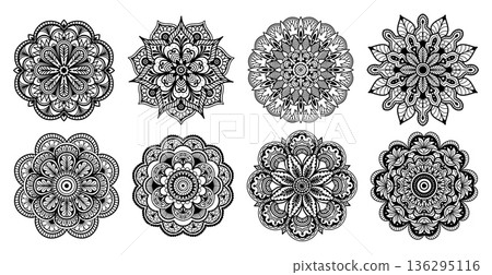 Mandala floral, geometric rosettes for sacred yoga logos, mehendi tattoo art, anti-stress coloring pages. Boho vector set circular ornament for henna vintage pattern, luxury decorative circle emblem 136295116