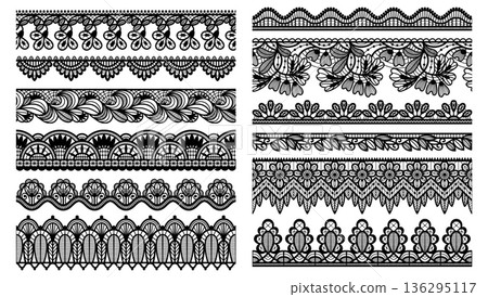 Lace seamless borders. Floral pattern and guipure edging for wedding invitation, bridal decorative flower ribbon, frill tape. Ornamental crochet stripe, scallop edge, embroidery lacework vector set 136295117