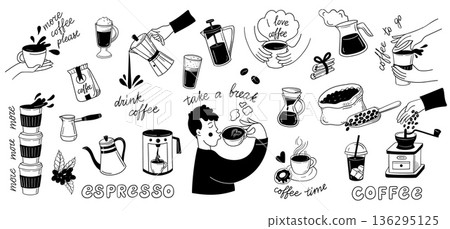 Espresso and coffee shop doodle icon set with barista tools, coffee grinder and coffee pot, for cafe menu packaging, social media stickers. Vector hand drawn doodle style Espresso and coffee shop doodle icon set with barista tools, coffee grinder and coffee pot, for cafe menu packaging, social media stickers. Vector hand drawn doodle style 136295125