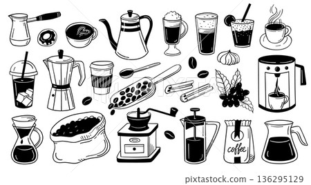 Doodle coffee. Bean, latte and espresso machine and pour over tool for cafe branding, menu labels and brewing method. Sketch vector set in outline for breakfast packaging, coffee stickers and logo 136295129