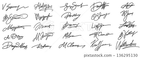 Handwritten signature and fake autograph vector set. Ink scribble and calligraphy for legal document and digital verification seals. Personal cursive logos for certificate approval and identity card Handwritten signature and fake autograph vector set. Ink scribble and calligraphy for legal document and digital verification seals. Personal cursive logos for certificate approval and identity card 136295130