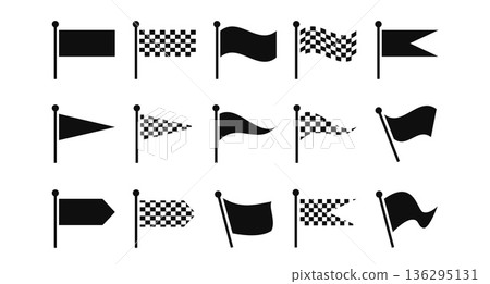 Checkered flag and racing icons for motorsport victory, speed rally competition, win or podium finish in race event. Navigation waving flag pins, wayfinding pennant symbols vector isolated set Checkered flag and racing icons for motorsport victory, speed rally competition, win or podium finish in race event. Navigation waving flag pins, wayfinding pennant symbols vector isolated set 136295131