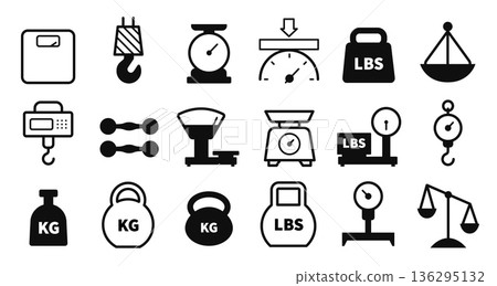 Weight measurement icon set with scale dials and platform balances for kitchen, postal and gym or laboratory industry design. Vector symbols for logistics capacity and retail packages Weight measurement icon set with scale dials and platform balances for kitchen, postal and gym or laboratory industry design. Vector symbols for logistics capacity and retail packages 136295132