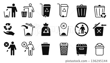 Trash icons. Waste bin and recycling signs for environmental cleanup, public sanitation and eco friendly garbage disposal or sorting, rubbish bucket symbols. Vector isolated dustbin pictogram set Trash icons. Waste bin and recycling signs for environmental cleanup, public sanitation and eco friendly garbage disposal or sorting, rubbish bucket symbols. Vector isolated dustbin pictogram set 136295144