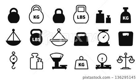 Weighing scale and weight icons with kilogram and pound symbols for fitness gym equipment, freight measurement and laboratory tools. Dumbbells and balance dials vector silhouette isolated set Weighing scale and weight icons with kilogram and pound symbols for fitness gym equipment, freight measurement and laboratory tools. Dumbbells and balance dials vector silhouette isolated set 136295145