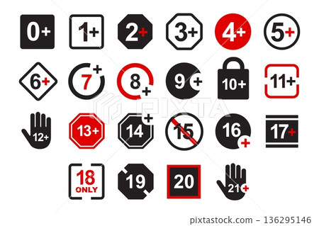 Age restriction label with warning symbols for parental guidance, content control and media censorship in adult or teen access design. Age censor year plus limit icon vector set Age restriction label with warning symbols for parental guidance, content control and media censorship in adult or teen access design. Age censor year plus limit icon vector set 136295146