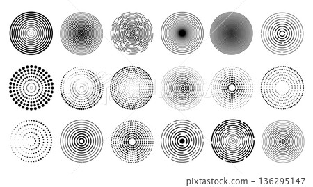Concentric circle pattern with radial dotted rings and abstract ripple sound waves, optical illusions, line geometric elements. Hypnotic vertigo spiral, dot gradient, retro halftone vector textures 136295147