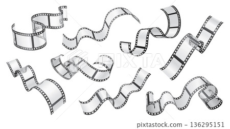 Realistic 3D filmstrip, movie reels curls storyboard and retro video or photography design. Ribbon reels with glossy transparent slides for vintage Hollywood cinema concept vector isolated set 136295151