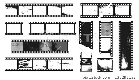 Vintage filmstrip border with sprocket frames and distressed texture for analog photography, cinema template and retro layouts. Monochrome vector overlay with noise and scratches, storyboard mockup 136295152