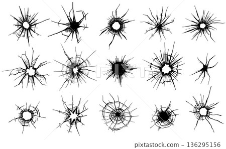 Broken glass crack vector pattern with bullet hole, shattered window or mirror grunge vintage design. Abstract danger or crime effect, vandalism art, destruction texture with sharp lines and damage Broken glass crack vector pattern with bullet hole, shattered window or mirror grunge vintage design. Abstract danger or crime effect, vandalism art, destruction texture with sharp lines and damage 136295156