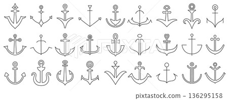 Naval anchor icons. Maritime logo or insignia in vintage style. Simple vector anchors outline and silhouette for tattoo, stamp or business graphic, symbolizing stability and travel by sea or navy 136295158