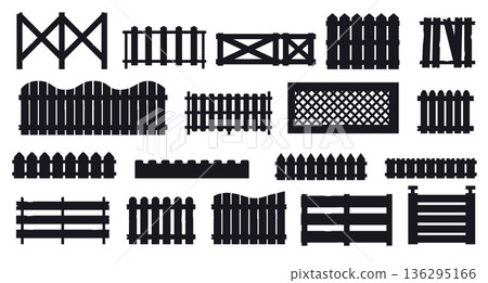 Fence silhouettes. Black wooden garden border icons, country rural simple panel gate, boundary protection elements. Vector black wood wall set 136295166