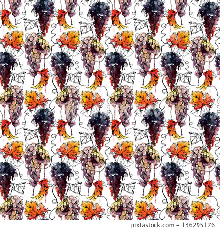 Botanical seamless pattern of grapes clusters hanging on vine twigs, autumn leaves hand painted in watercolor and ink. Wrapping paper, degustation menus, label trims and gourmet lifestyle branding. Botanical seamless pattern of grapes clusters hanging on vine twigs, autumn leaves hand painted in watercolor and ink. Wrapping paper, degustation menus, label trims and gourmet lifestyle branding. 136295176