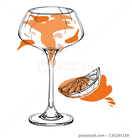 Sleek ink art, citrus exotic fruit juice drink in coupe hand drawn glass. Vector with orange slice garnish detail and color pop. Perfect for print branding, bar illustrations, or editorial spreads. Sleek ink art, citrus exotic fruit juice drink in coupe hand drawn glass. Vector with orange slice garnish detail and color pop. Perfect for print branding, bar illustrations, or editorial spreads. 136295189