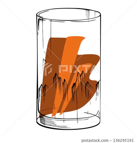 Hand drawn highball Collins ink glass with warm brown liquid, whiskey rum scotch alcoholic beverages, tea, citrus juice or lemonade. Vector illustration for product brand, bar signage, digital sets. Hand drawn highball Collins ink glass with warm brown liquid, whiskey rum scotch alcoholic beverages, tea, citrus juice or lemonade. Vector illustration for product brand, bar signage, digital sets. 136295191