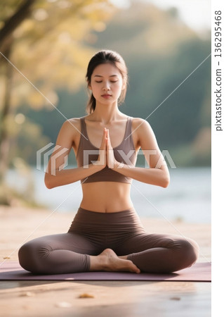 户外女子做瑜伽冥想 136295468