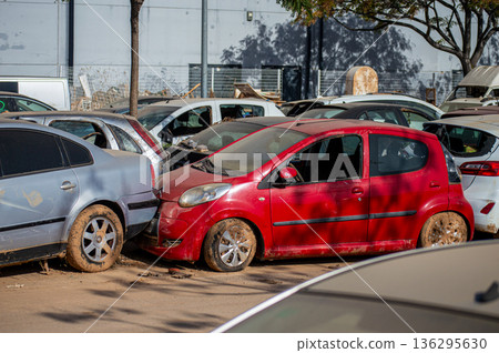Damaged cars and debris from flooding caused by floods from hurricane DANA in Valencia, Spain Damaged cars and debris from flooding caused by floods from hurricane DANA in Valencia, Spain 136295630