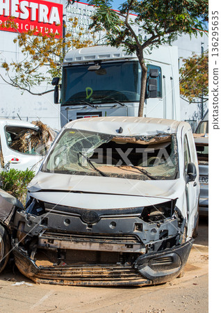 Damaged cars and debris from flooding caused by floods from hurricane DANA in Valencia, Spain Damaged cars and debris from flooding caused by floods from hurricane DANA in Valencia, Spain 136295635