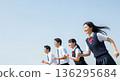 Four high school boys and girls running with smiles under the blue sky. With a wide margin on the left, this advertising material evokes the image of youth and the future. 136295684