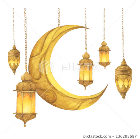 Ramadan Lanterns and Crescent Moon Illustration. Ramadan Lanterns and Crescent Moon Illustration. 136295687