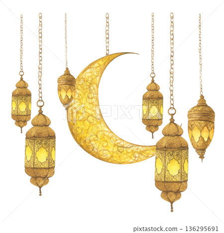 Ramadan Lanterns and Crescent Moon Illustration. Ramadan Lanterns and Crescent Moon Illustration. 136295691