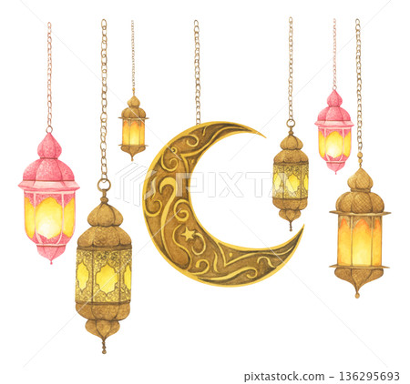 Ramadan Lanterns and Crescent Moon Illustration. 136295693