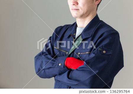 Middle-aged male businessman in work clothes with his arms crossed Middle-aged male businessman in work clothes with his arms crossed 136295764