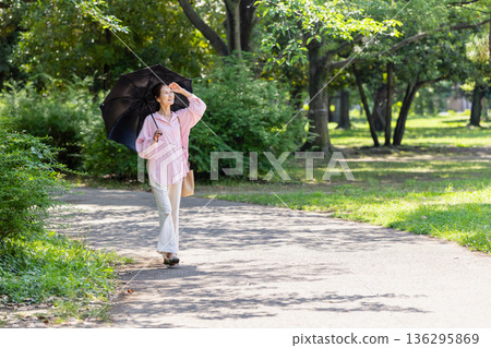 A smiling woman walking with a parasol A smiling woman walking with a parasol 136295869