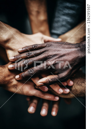 A close-up of multiple diverse hands stacked on top of each other, symbolizing unity, support, and strength within a cohesive team. A close-up of multiple diverse hands stacked on top of each other, symbolizing unity, support, and strength within a cohesive team. 136295987