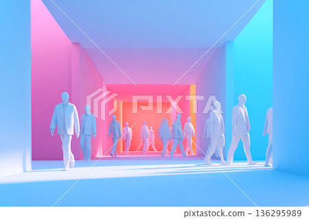A minimalist open-plan office corridor with abstract figures walking, conveying movement and connection in a dynamic work environment. 136295989