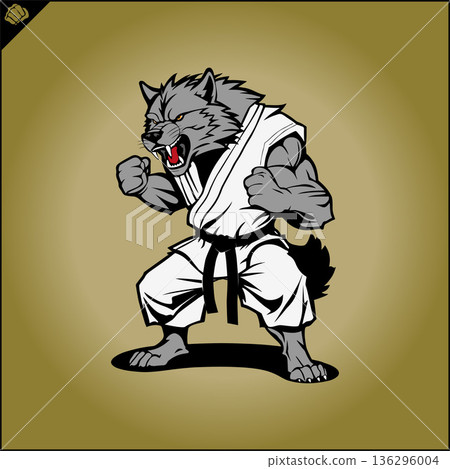 Wolf karate fighter in kimono and black belt mascot logo cartoon. Fight club creative logotype. Wolf karate fighter in kimono and black belt mascot logo cartoon. Fight club creative logotype. 136296004