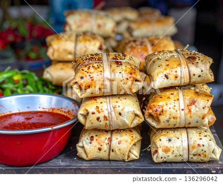A Congolese family is gathered around a table, enjoying a shared feast with a variety of colorful dishes A Congolese family is gathered around a table, enjoying a shared feast with a variety of colorful dishes 136296042