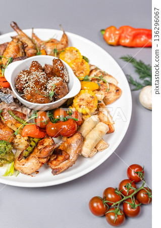 Richly arranged plate with assorted meat and vegetable dishes in restaurant-style presentation 136296067