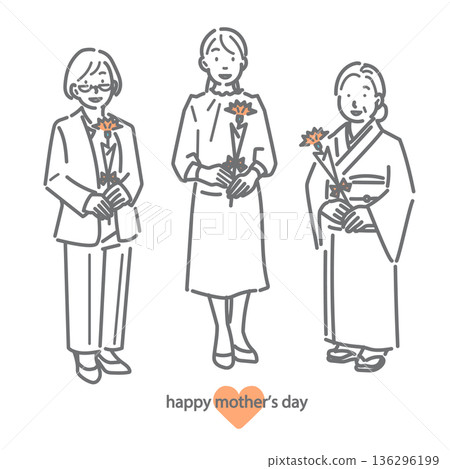 Mothers of various generations holding carnations Mother's Day Simple and stylish line drawing illustration 136296199