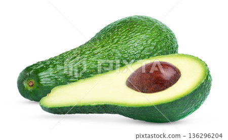 Whole and halved green avocado isolated on white background. Avocado and half of avocado with stone or seed with clipping path. Whole and halved green avocado isolated on white background. Avocado and half of avocado with stone or seed with clipping path. 136296204