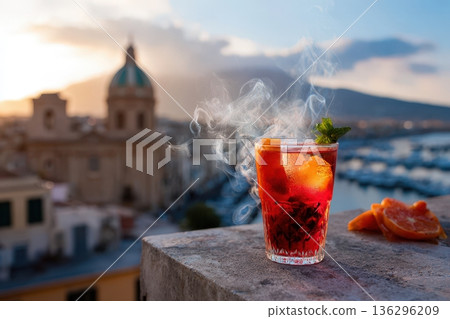 Sicilian Tonic served at sunset with cityscape view 136296209