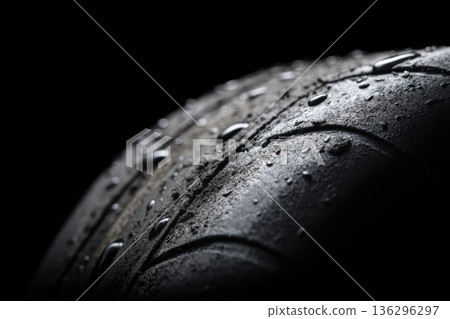 Close-up on wet, textured Racing tire showing its tread after a Race 136296297
