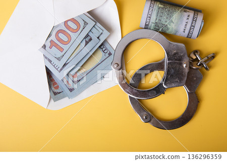 Handcuffs, dollar bills, and envelope symbolizing corruption and crime Handcuffs, dollar bills, and envelope symbolizing corruption and crime 136296359