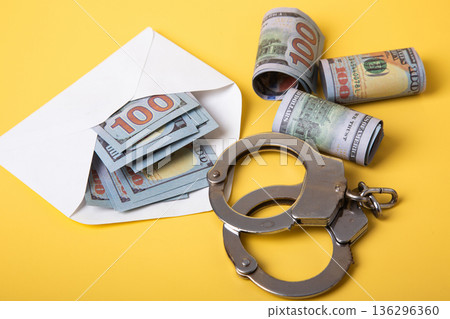 Handcuffs and cash representing crime and corruption Handcuffs and cash representing crime and corruption 136296360
